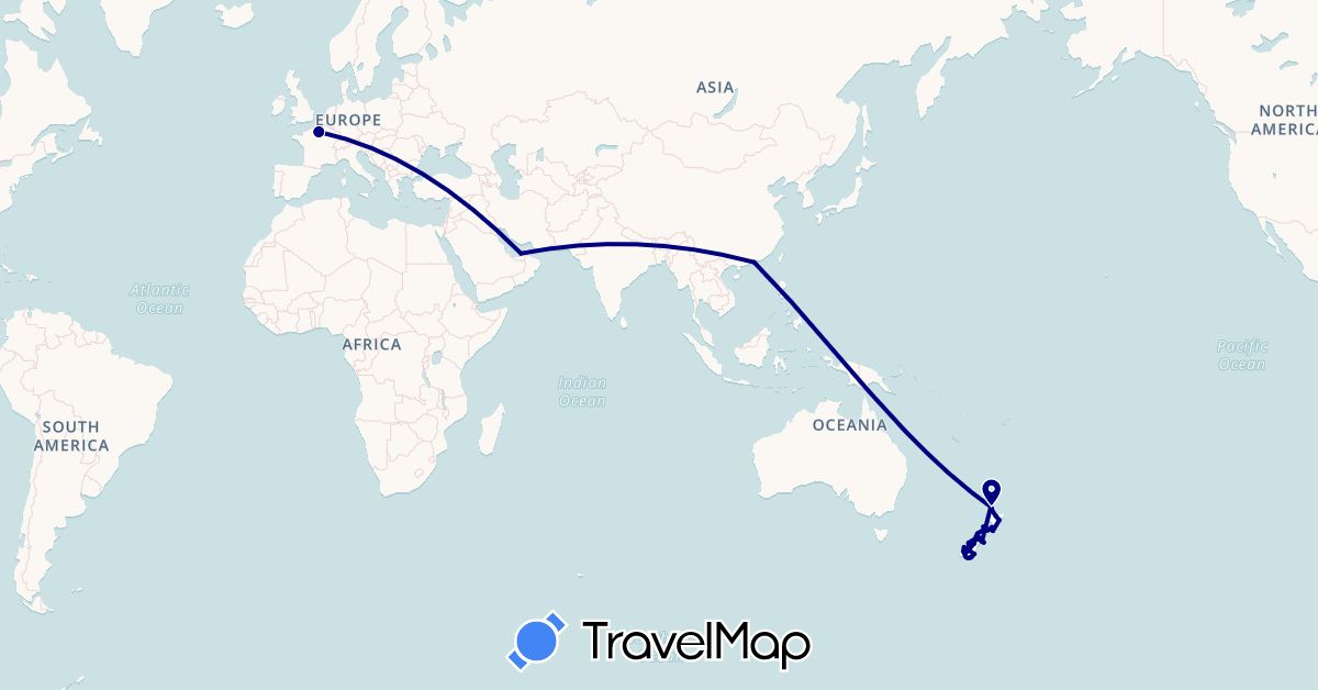 TravelMap itinerary: driving in United Arab Emirates, France, Hong Kong, New Zealand (Asia, Europe, Oceania)